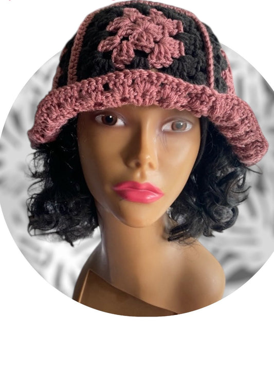 Adult Granny Square Crochet Bucket Hats (Black and Rose)