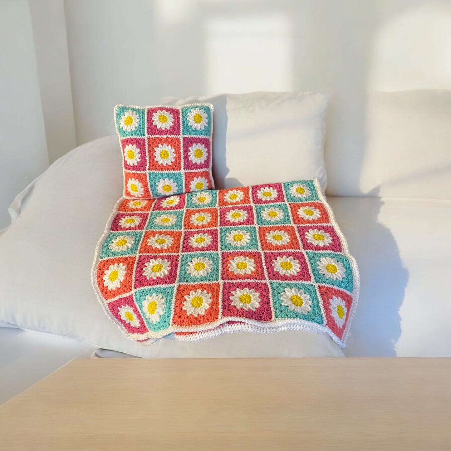 Handmade Granny Square Throw with Pillow